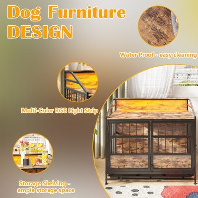 Large Wooden Dog Crate Furniture with Double Doors & Storage for Dogs