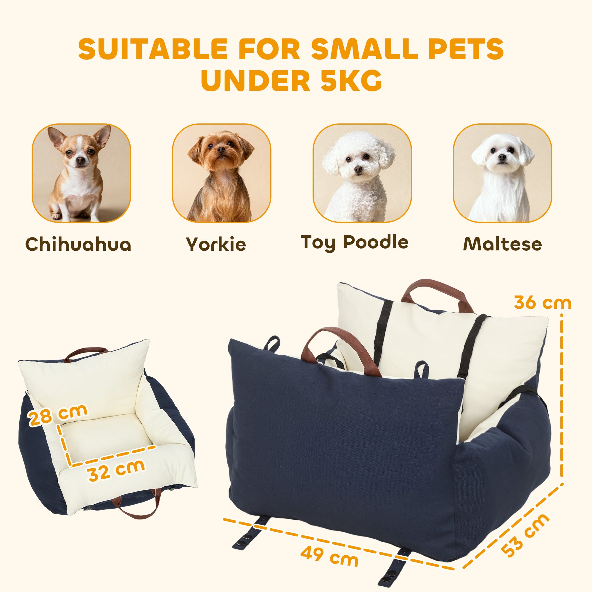 PawHut Dog Car Seat, Cosy Pet Car Booster Seat For Small Dog Under 5 KG, Portable Travel Bed With Safety Belts, Navy Blue