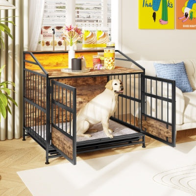 Large Wooden Dog Crate Furniture with Double Doors & Storage for Dogs