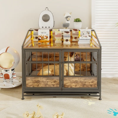 Large Wooden Dog Crate Furniture with Double Doors & Storage for Dogs