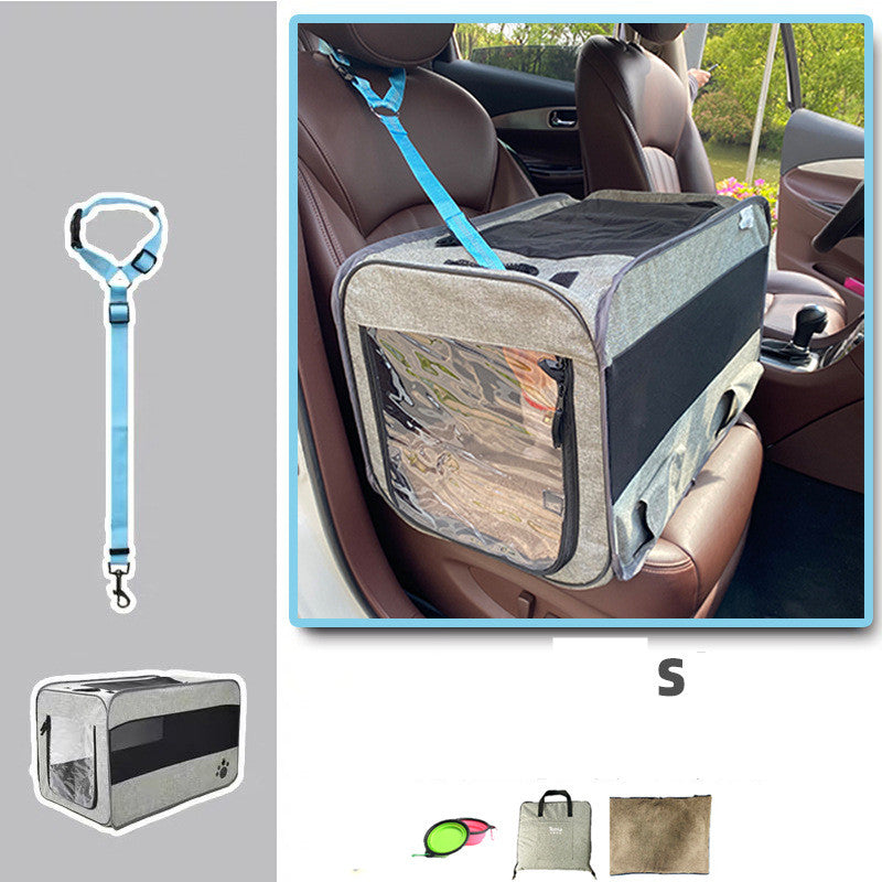 Comfortable pet travel carrier bag in car with safety straps, ideal for dogs and cats.