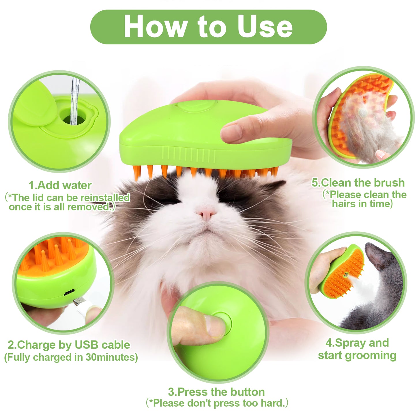 How to use Cat Steam Brush For Shedding - 3 In 1 Pet Steam Brush For Cat And Dog with steps including adding water, charging, and grooming.