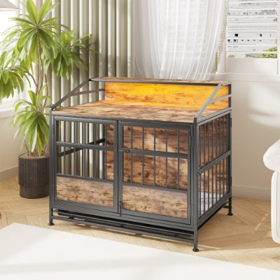 Large Wooden Dog Crate Furniture with Double Doors & Storage for Dogs