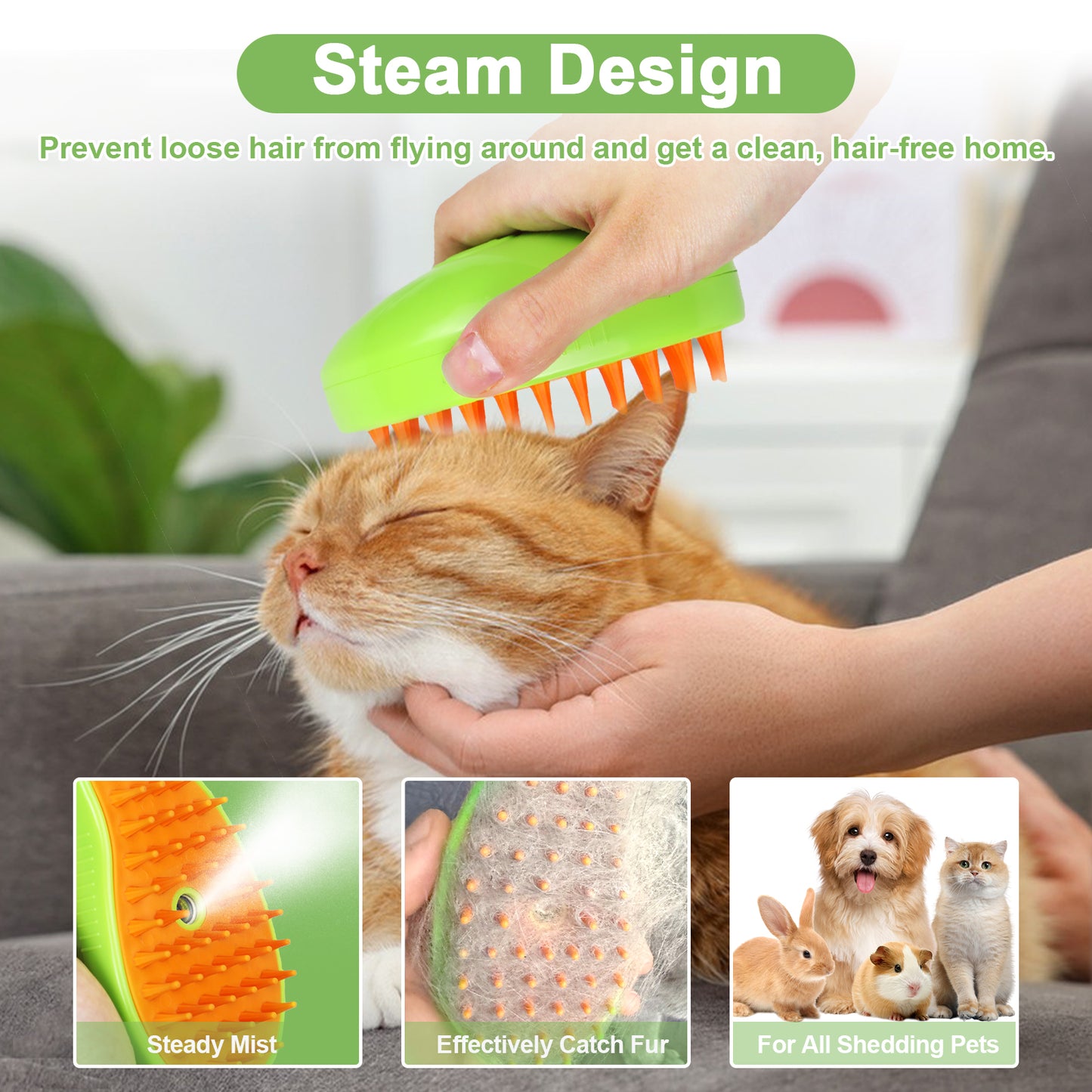Cat Steam Brush for Shedding | 3 in 1 Pet Grooming Tool