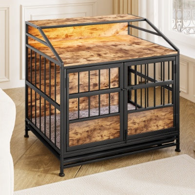 Large Wooden Dog Crate Furniture with Double Doors & Storage for Dogs