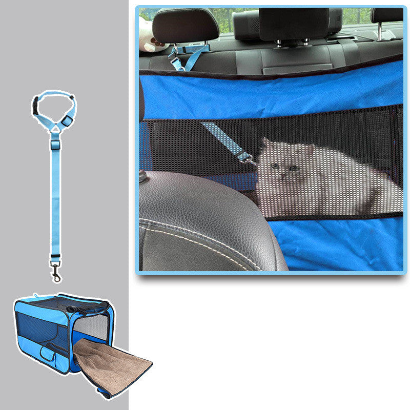 Pet travel carrier bag shown in use with a cat safely secured in the car, demonstrating convenience for traveling pets.