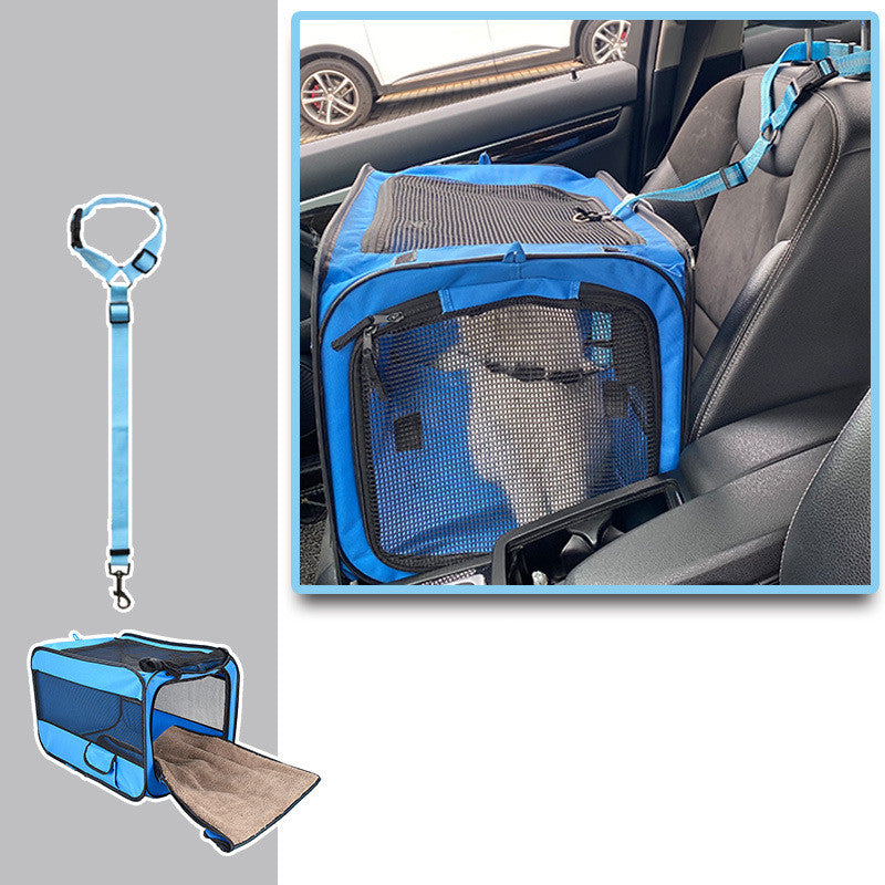 Pet travel carrier bag in a car with seatbelt straps for safety and removable pad for comfort.
