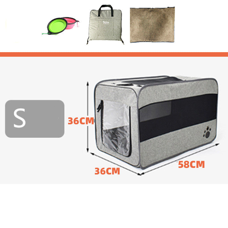 Pet travel carrier bag dimensions showing soft-sided kennel for dogs and cats, size S, foldable for easy storage.